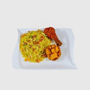 Fried Rice, plantain, and chicken